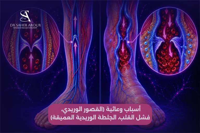 أسباب وعائية (القصور الوريدي، فشل القلب، الجلطة الوريدية العميقة)
